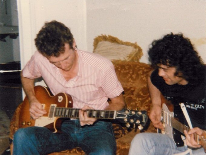 mason_page.jpg -  Mason playing Jimmy Page's Les Paul Guitar and Jimmy playing Mason's Stratocaster  New Orleans, 1985  Photo by: Patricia Page 